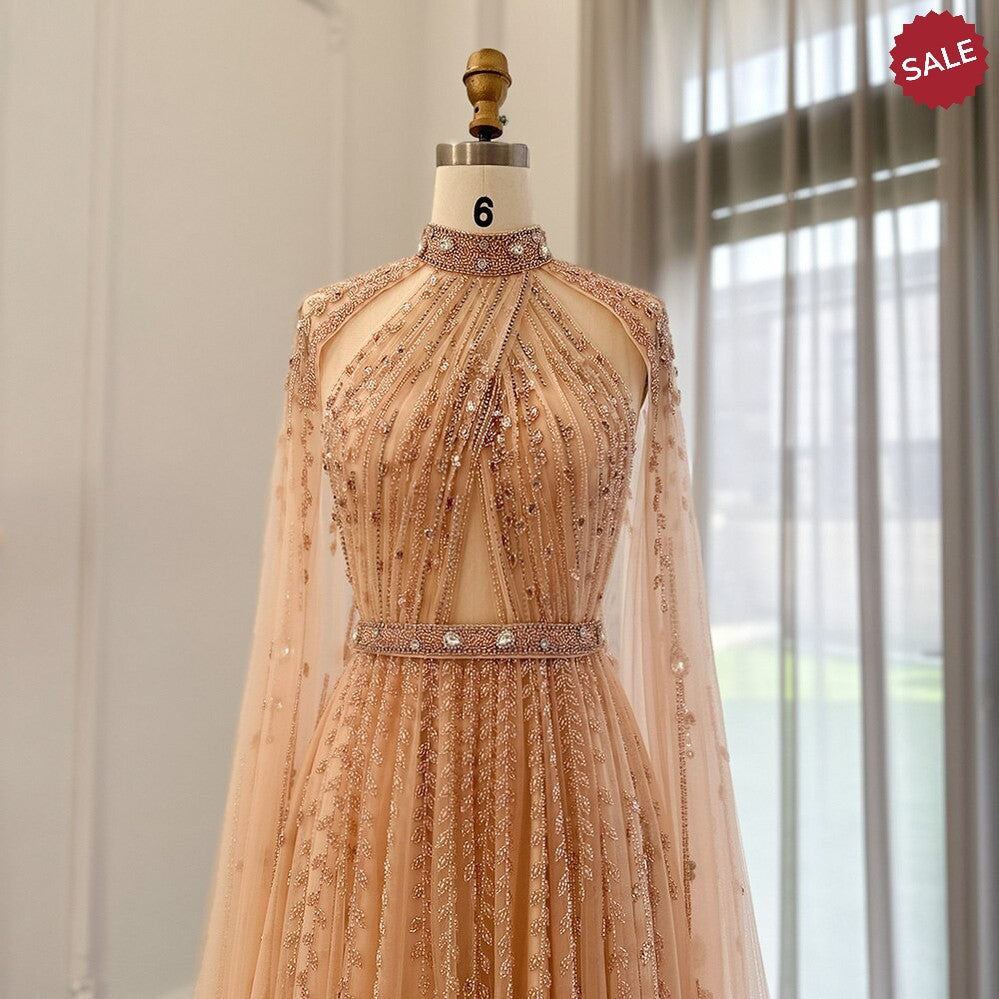 Luxury Dubai Evening Dress with Cape Sleeve 2023 Elegant Long Arabic Formal Dresses for Women Wedding Party SS495