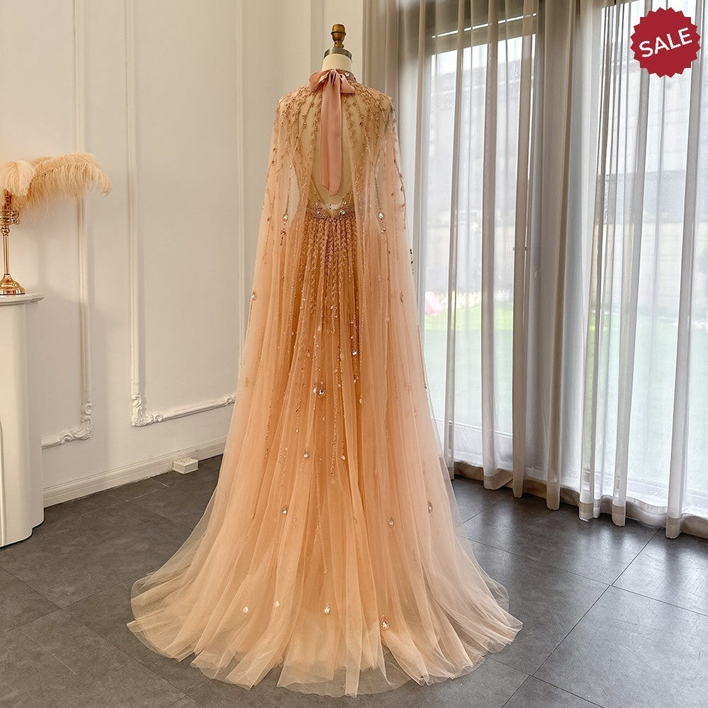 Luxury Dubai Evening Dress with Cape Sleeve 2023 Elegant Long Arabic Formal Dresses for Women Wedding Party SS495