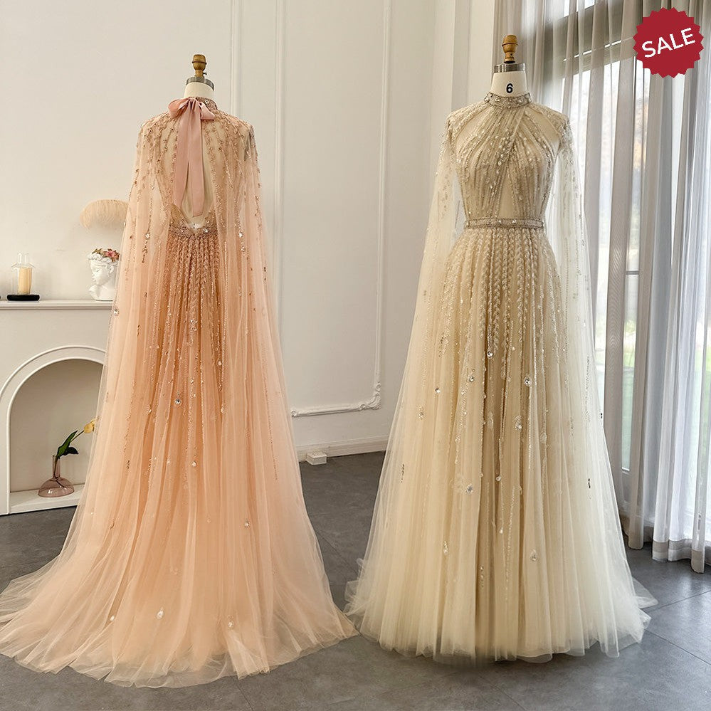 Luxury Dubai Evening Dress with Cape Sleeve 2023 Elegant Long Arabic Formal Dresses for Women Wedding Party SS495