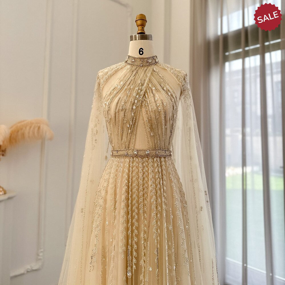 Luxury Dubai Evening Dress with Cape Sleeve 2023 Elegant Long Arabic Formal Dresses for Women Wedding Party SS495