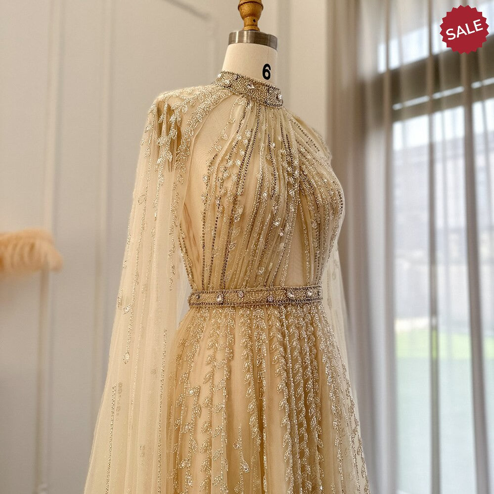 Luxury Dubai Evening Dress with Cape Sleeve 2023 Elegant Long Arabic Formal Dresses for Women Wedding Party SS495