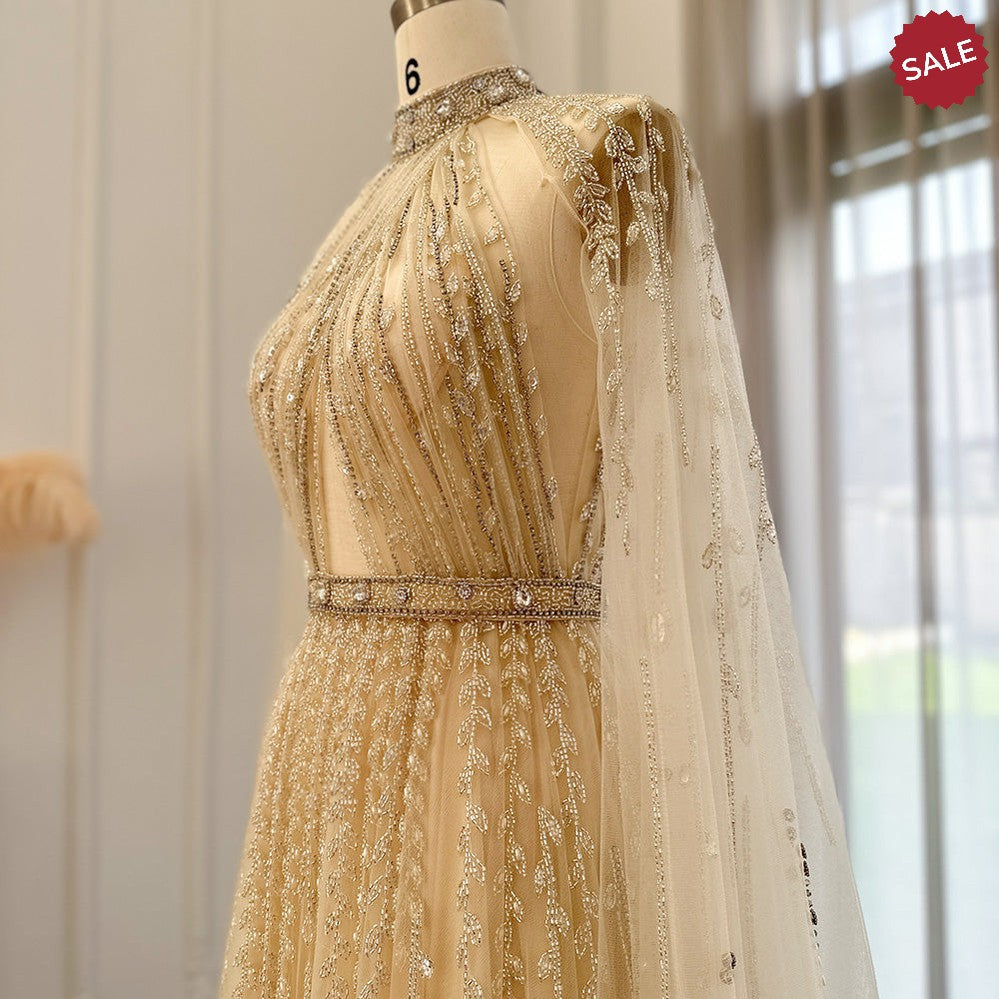 Luxury Dubai Evening Dress with Cape Sleeve 2023 Elegant Long Arabic Formal Dresses for Women Wedding Party SS495