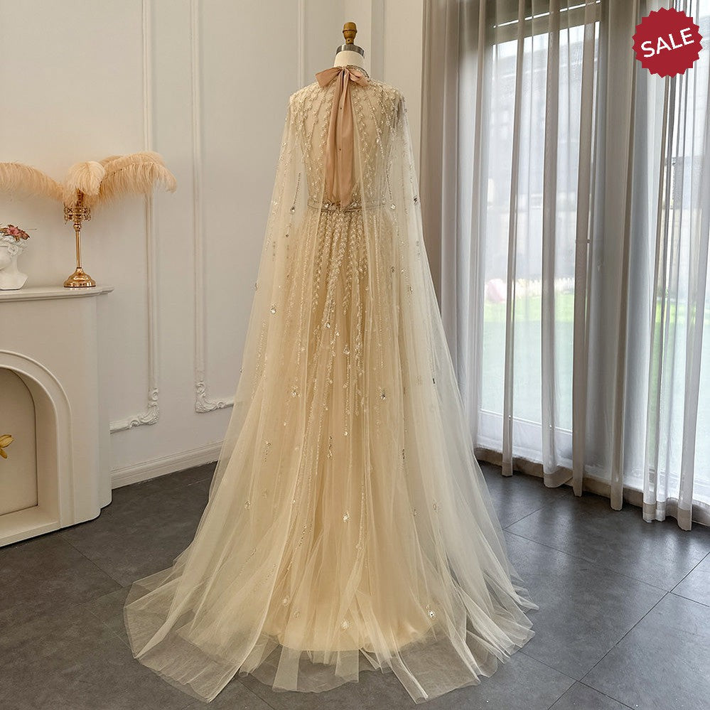 Luxury Dubai Evening Dress with Cape Sleeve 2023 Elegant Long Arabic Formal Dresses for Women Wedding Party SS495