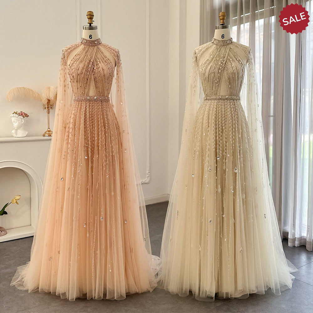 Luxury Dubai Evening Dress with Cape Sleeve 2023 Elegant Long Arabic Formal Dresses for Women Wedding Party SS495
