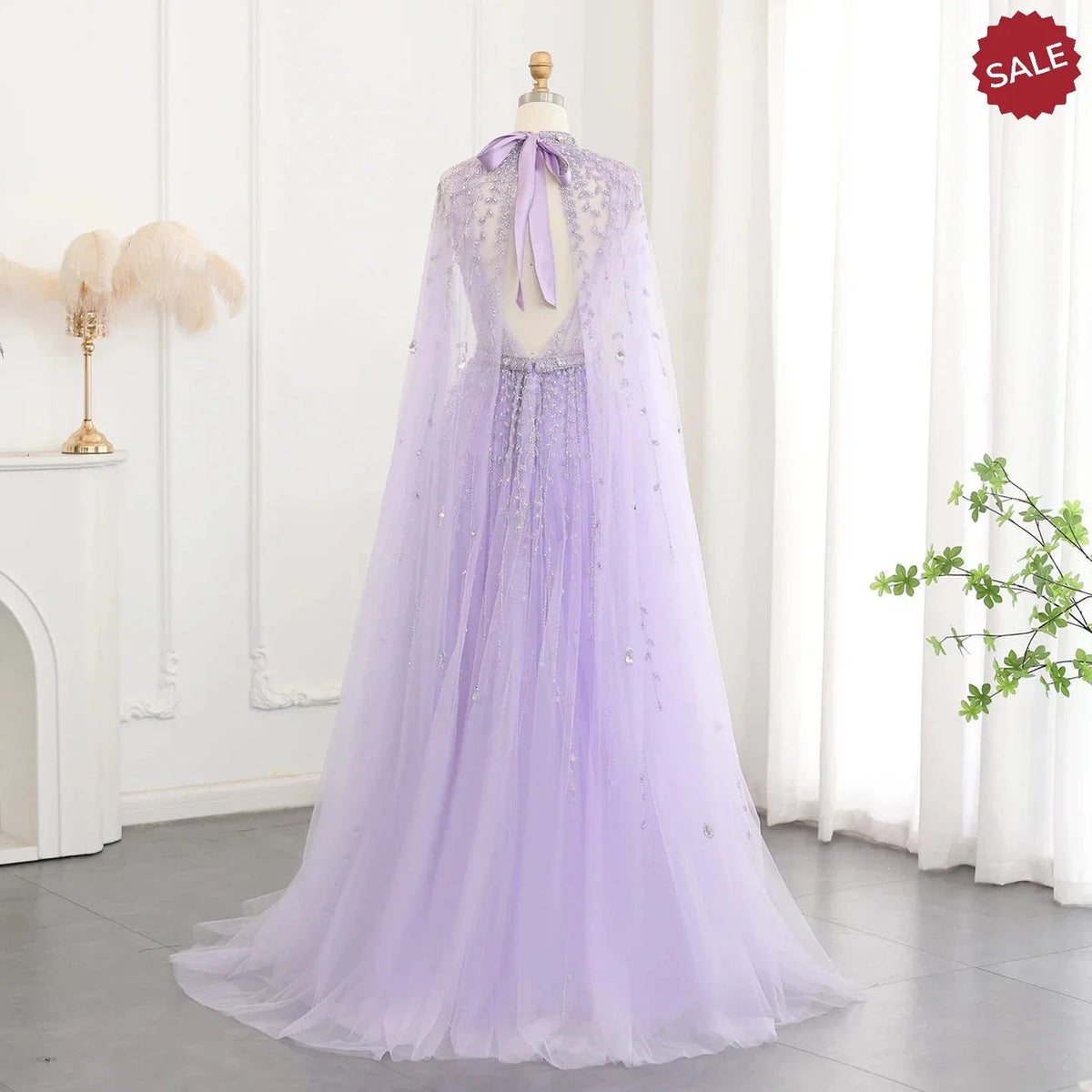 Luxury Dubai Evening Dress with Cape Sleeve 2023 Elegant Long Arabic Formal Dresses for Women Wedding Party SS495