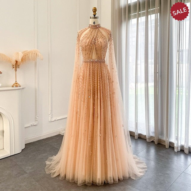 Luxury Dubai Evening Dress with Cape Sleeve 2023 Elegant Long Arabic Formal Dresses for Women Wedding Party SS495