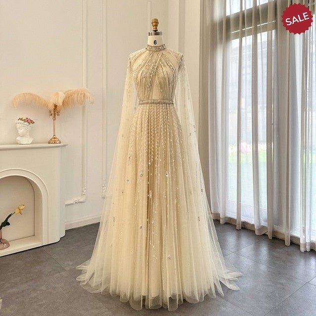 Luxury Dubai Evening Dress with Cape Sleeve 2023 Elegant Long Arabic Formal Dresses for Women Wedding Party SS495