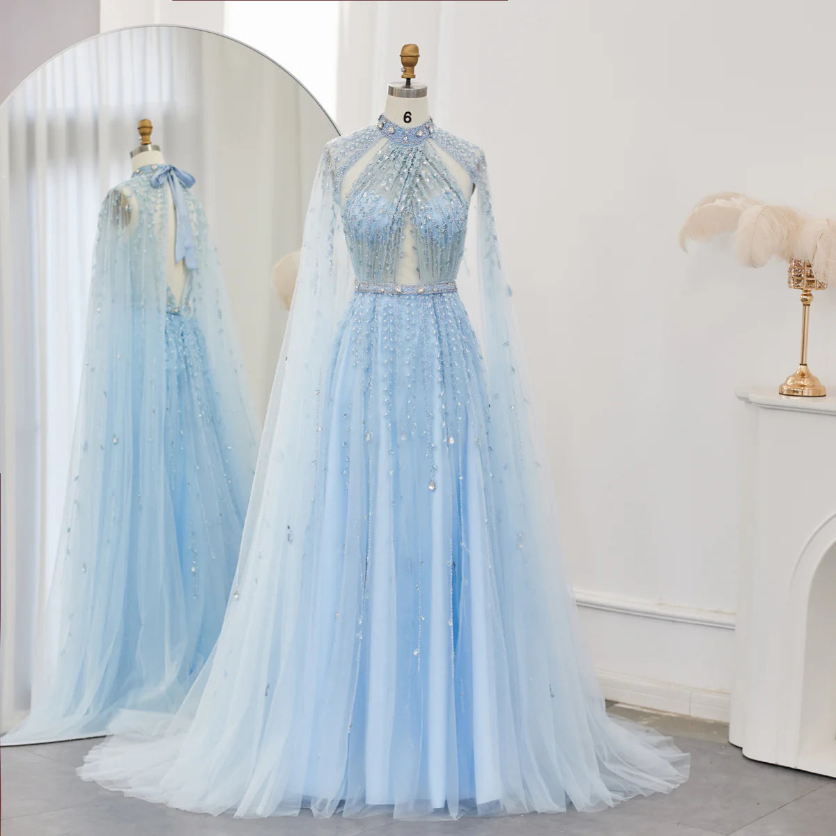 Luxury Dubai Evening Dress with Cape Sleeve 2023 Elegant Long Arabic Formal Dresses for Women Wedding Party SS495