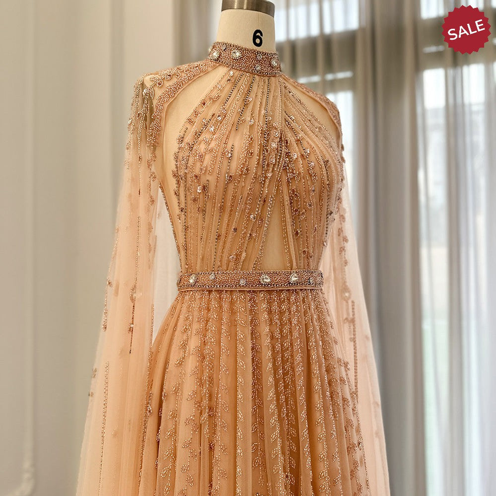 Luxury Dubai Evening Dress with Cape Sleeve 2023 Elegant Long Arabic Formal Dresses for Women Wedding Party SS495