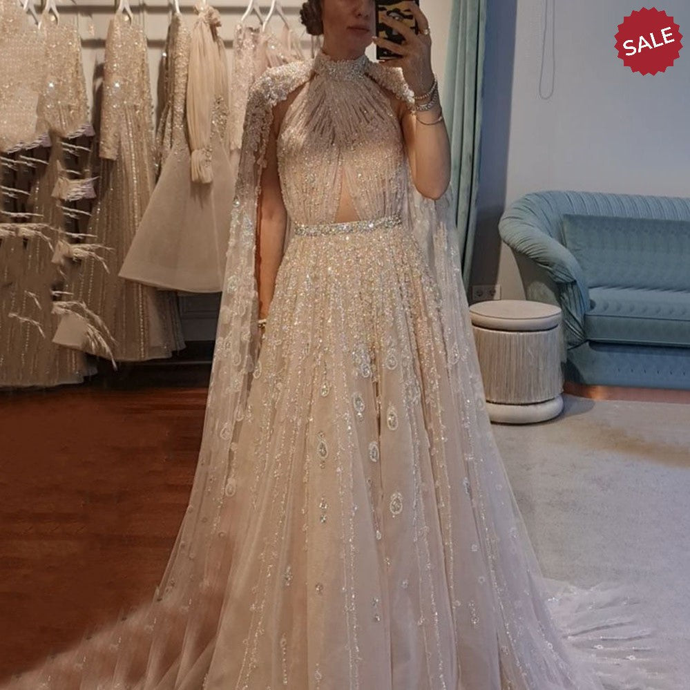 Luxury Dubai Evening Dress with Cape Sleeve 2023 Elegant Long Arabic Formal Dresses for Women Wedding Party SS495