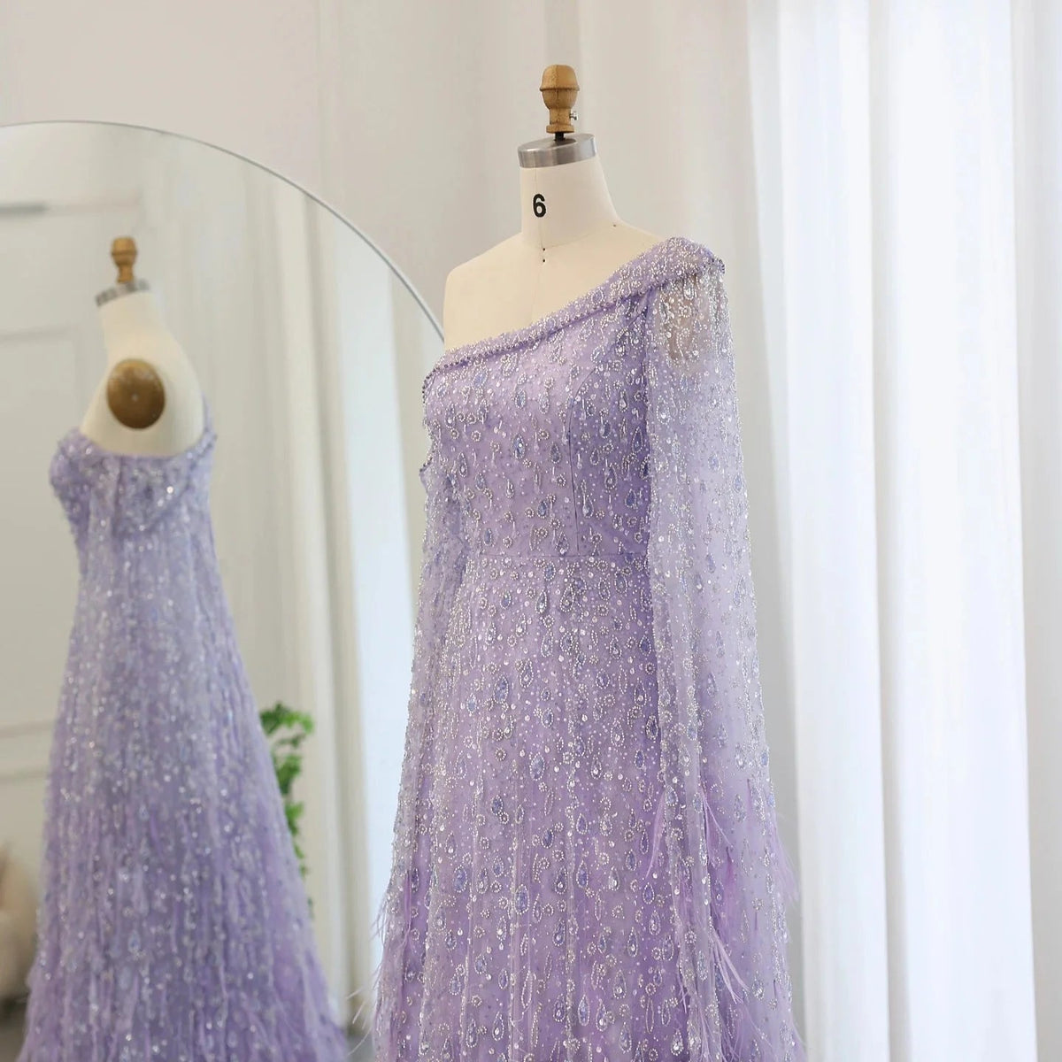 Luxury Dubai Feather One Shoulder Evening Dresses with Cape Sleeves Rose Gold Lilac Women Wedding Party Gowns SS438