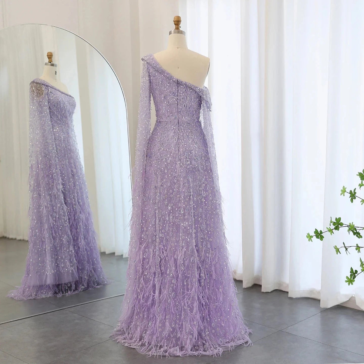 Luxury Dubai Feather One Shoulder Evening Dresses with Cape Sleeves Rose Gold Lilac Women Wedding Party Gowns SS438