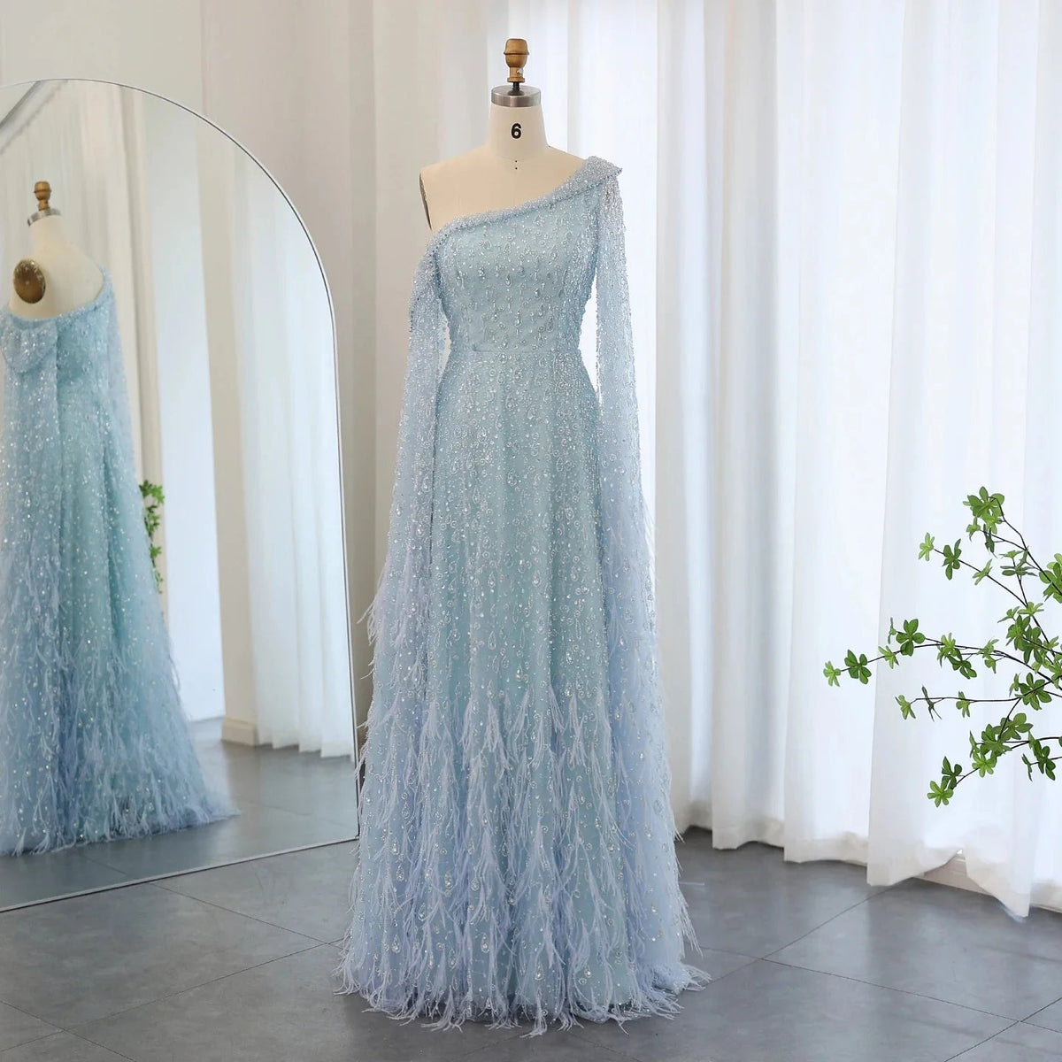 Luxury Dubai Feather One Shoulder Evening Dresses with Cape Sleeves Rose Gold Lilac Women Wedding Party Gowns SS438