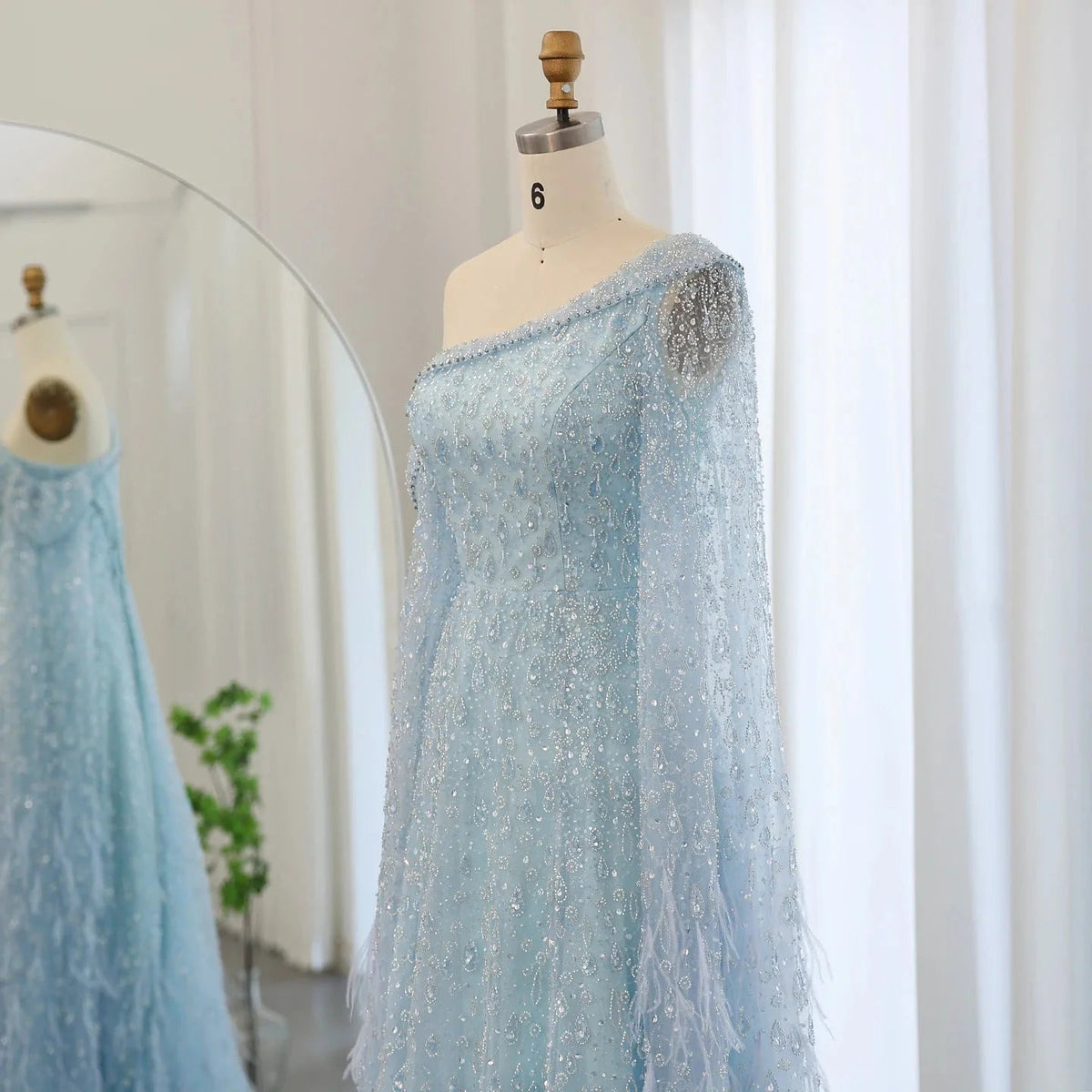Luxury Dubai Feather One Shoulder Evening Dresses with Cape Sleeves Rose Gold Lilac Women Wedding Party Gowns SS438