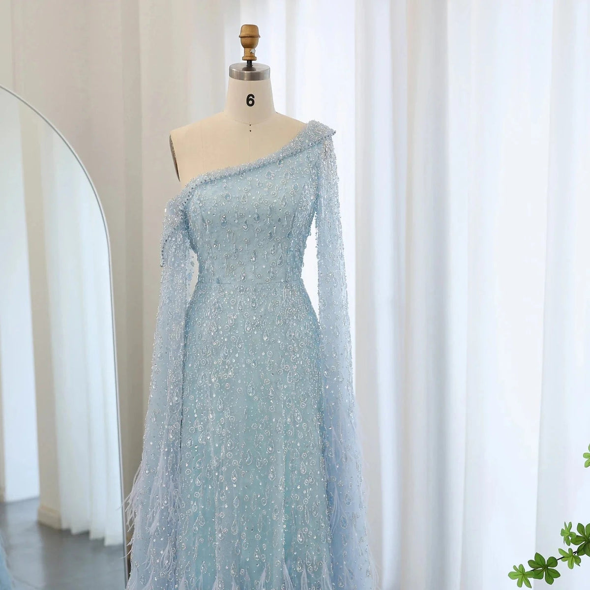Luxury Dubai Feather One Shoulder Evening Dresses with Cape Sleeves Rose Gold Lilac Women Wedding Party Gowns SS438
