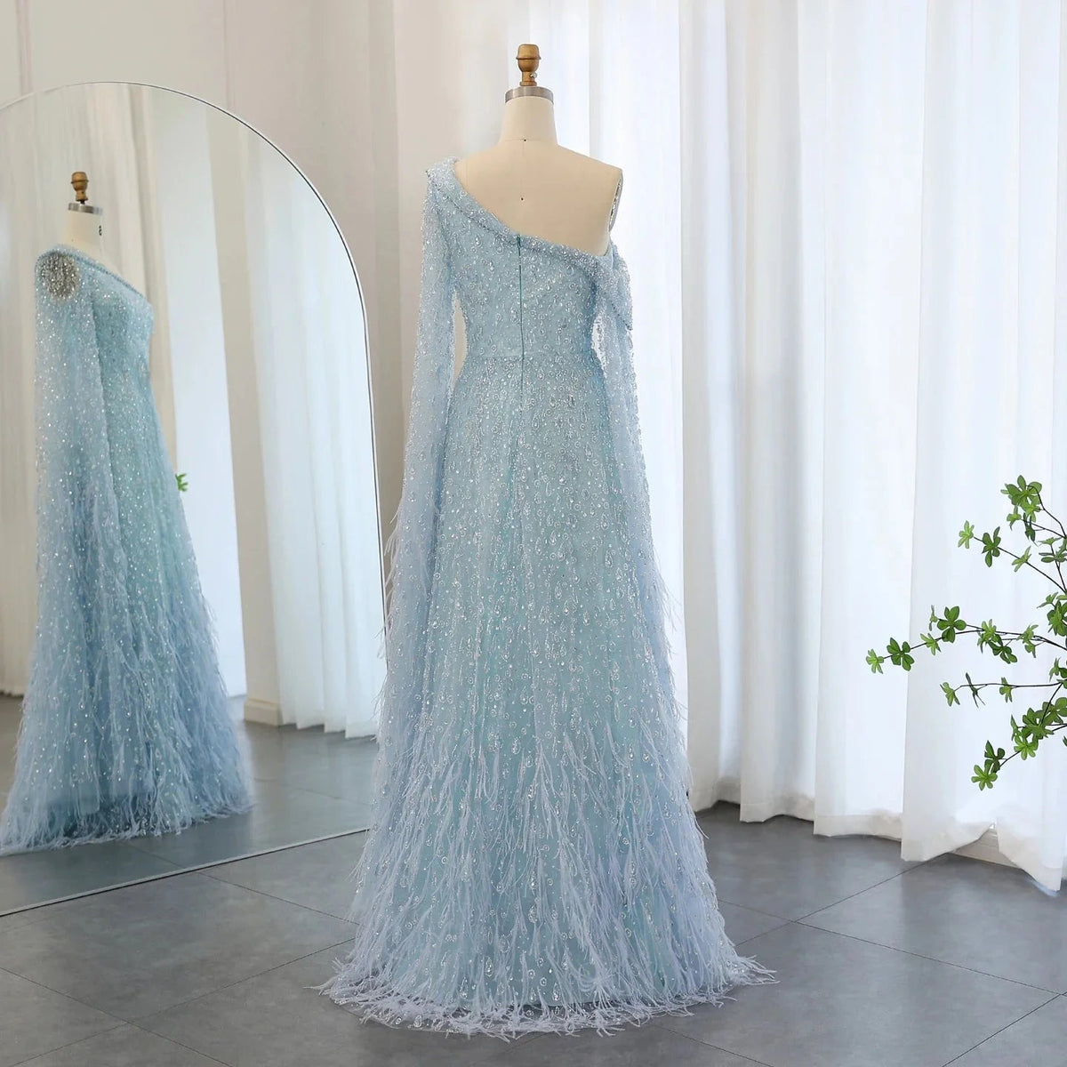 Luxury Dubai Feather One Shoulder Evening Dresses with Cape Sleeves Rose Gold Lilac Women Wedding Party Gowns SS438