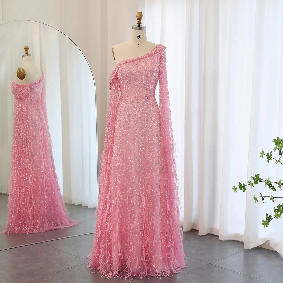 Luxury Dubai Feather One Shoulder Evening Dresses with Cape Sleeves Rose Gold Lilac Women Wedding Party Gowns SS438