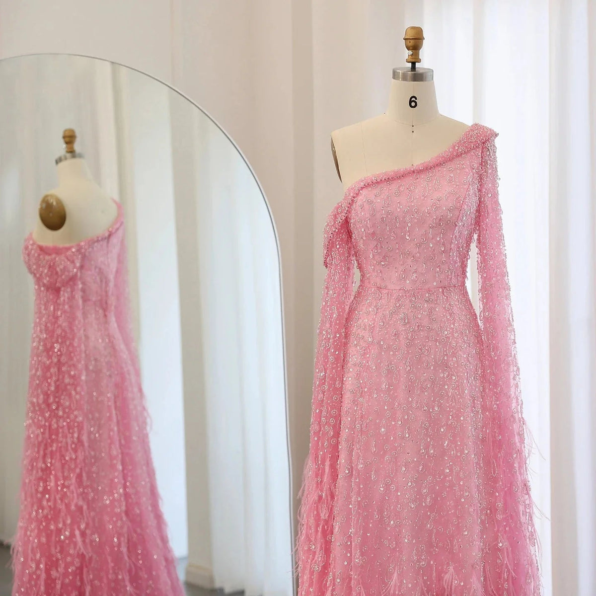 Luxury Dubai Feather One Shoulder Evening Dresses with Cape Sleeves Rose Gold Lilac Women Wedding Party Gowns SS438