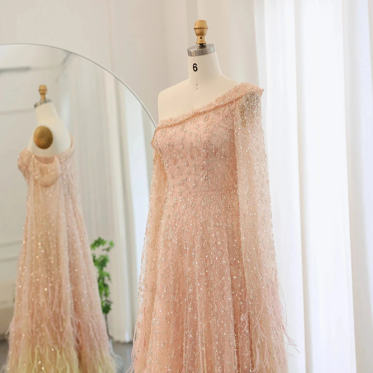 Luxury Dubai Feather One Shoulder Evening Dresses with Cape Sleeves Rose Gold Lilac Women Wedding Party Gowns SS438