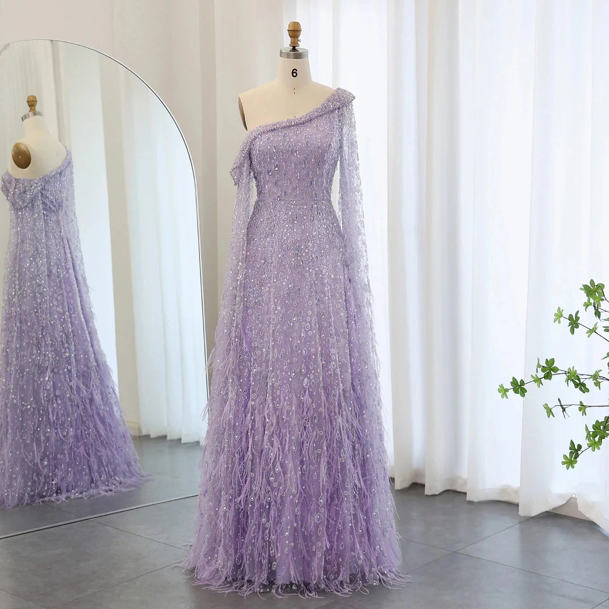 Luxury Dubai Feather One Shoulder Evening Dresses with Cape Sleeves Rose Gold Lilac Women Wedding Party Gowns SS438