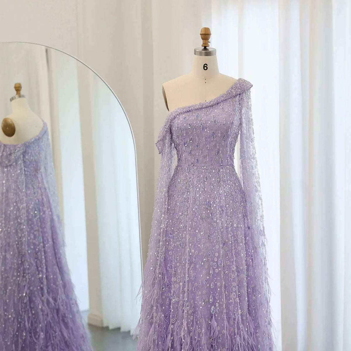 Luxury Dubai Feather One Shoulder Evening Dresses with Cape Sleeves Rose Gold Lilac Women Wedding Party Gowns SS438