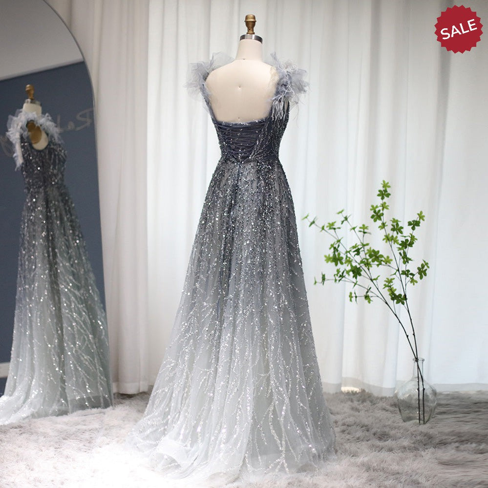 Luxury Dubai Feathers Evening Dresses 2023 Sexy V-Neck Beaded Blue Long Formal Party Gowns For Women Wedding SS335