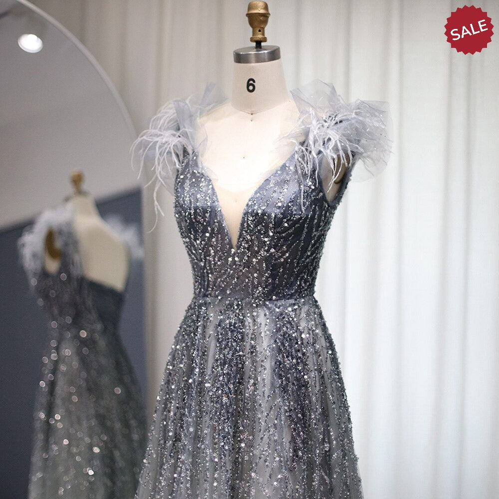 Luxury Dubai Feathers Evening Dresses 2023 Sexy V-Neck Beaded Blue Long Formal Party Gowns For Women Wedding SS335
