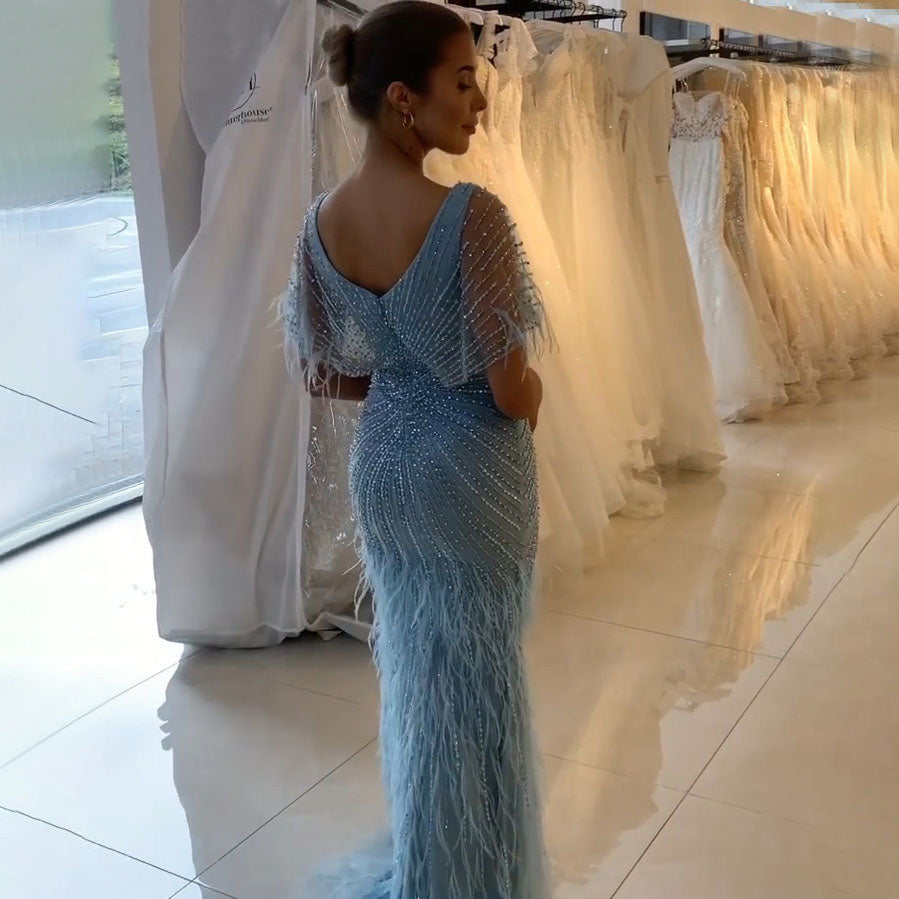 Luxury Dubai Feathers Khaki Mermaid Evening Dresses 2023 Elegant for Woman Wedding Party Gowns Cape Sleeves SS210