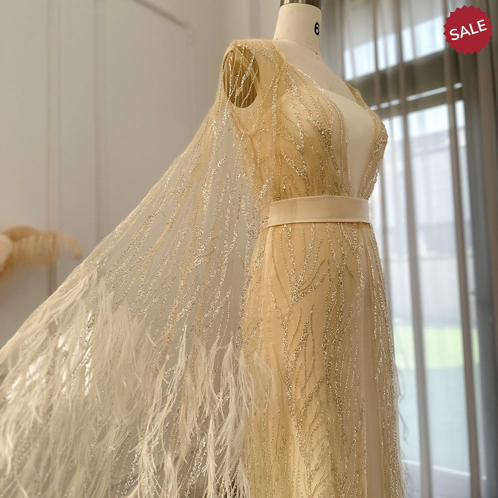 Luxury Dubai Feathers Light Yellow Evening Dresses with Cape Sleeves Arabic Purple Women Wedding Party Gowns SS420