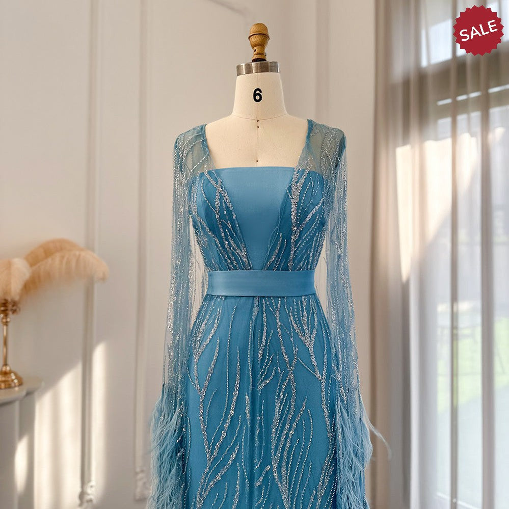 Luxury Dubai Feathers Light Yellow Evening Dresses with Cape Sleeves Arabic Purple Women Wedding Party Gowns SS420