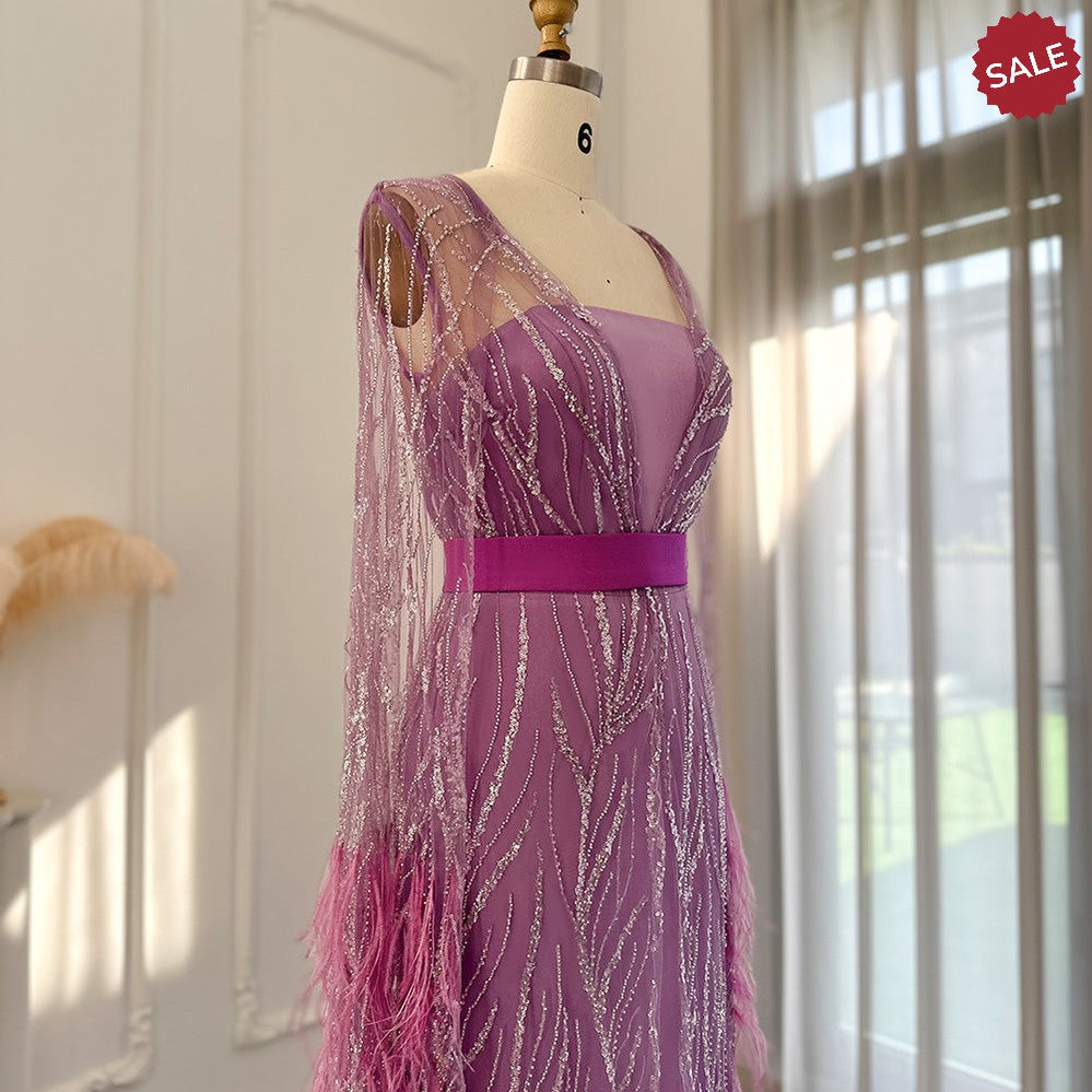 Luxury Dubai Feathers Light Yellow Evening Dresses with Cape Sleeves Arabic Purple Women Wedding Party Gowns SS420