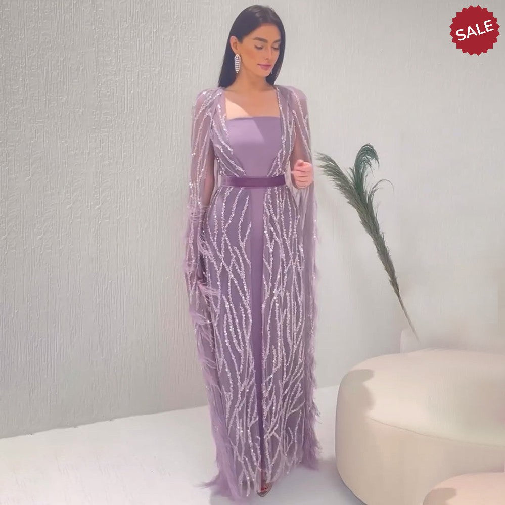 Luxury Dubai Feathers Light Yellow Evening Dresses with Cape Sleeves Arabic Purple Women Wedding Party Gowns SS420