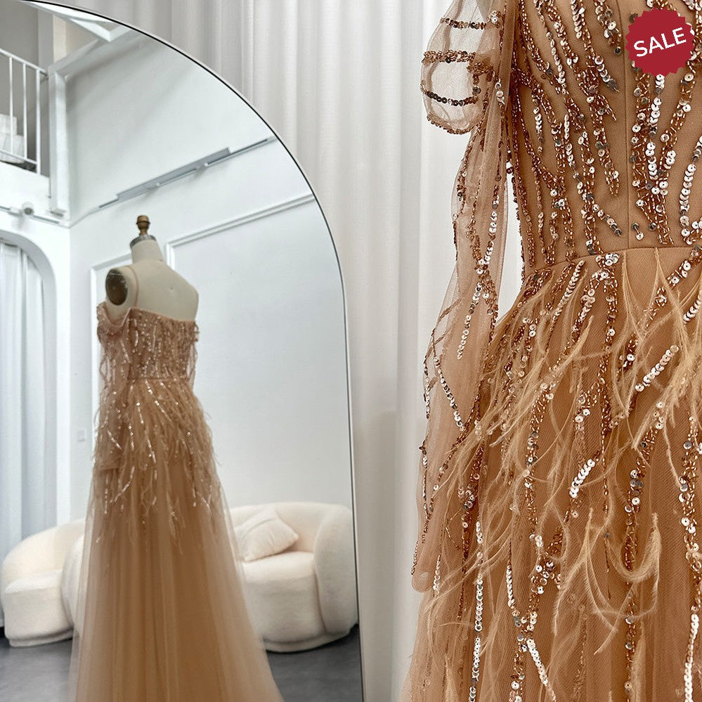 Luxury Dubai Feathers Lilac Evening Dresses for Women Wedding Elegant Emerald Green Arabic Formal Party Gowns SS351