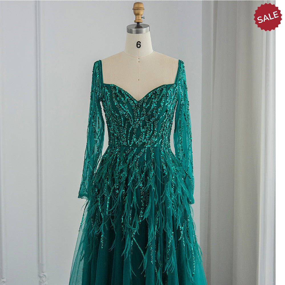 Luxury Dubai Feathers Lilac Evening Dresses for Women Wedding Elegant Emerald Green Arabic Formal Party Gowns SS351