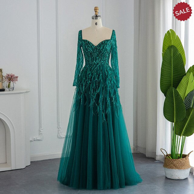 Luxury Dubai Feathers Lilac Evening Dresses for Women Wedding Elegant Emerald Green Arabic Formal Party Gowns SS351