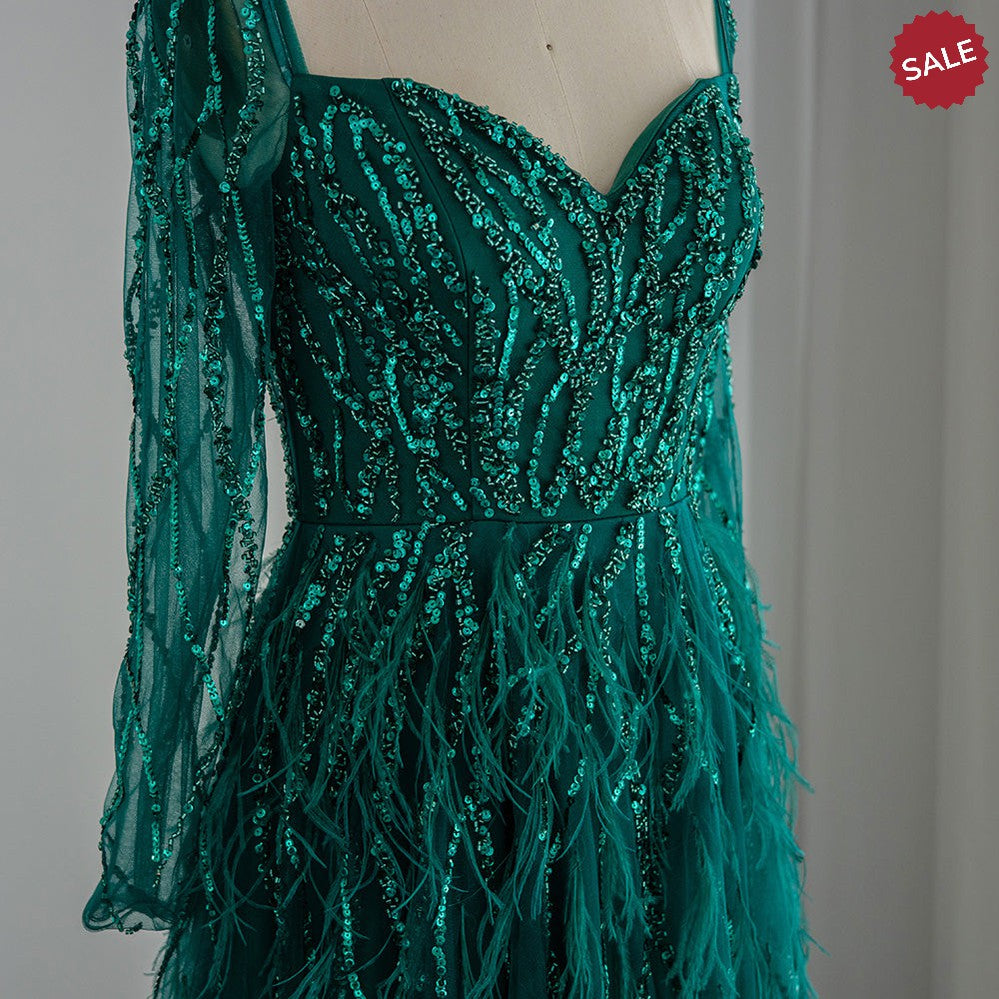 Luxury Dubai Feathers Lilac Evening Dresses for Women Wedding Elegant Emerald Green Arabic Formal Party Gowns SS351