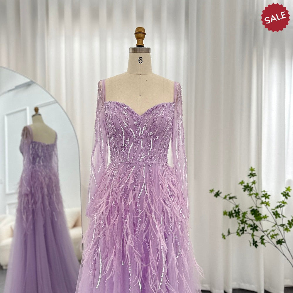 Luxury Dubai Feathers Lilac Evening Dresses for Women Wedding Elegant Emerald Green Arabic Formal Party Gowns SS351