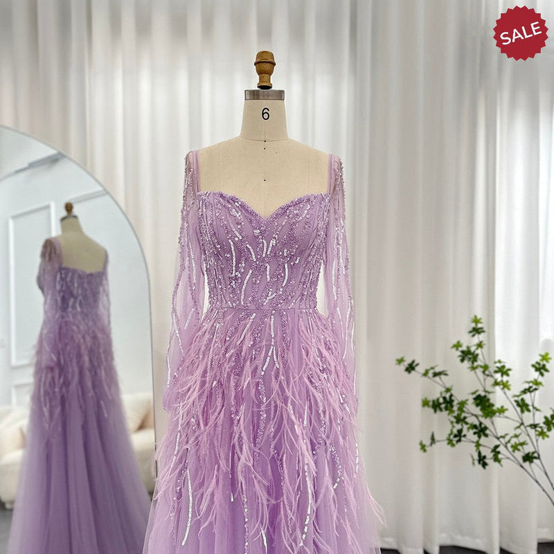 Luxury Dubai Feathers Lilac Evening Dresses for Women Wedding Elegant Emerald Green Arabic Formal Party Gowns SS351
