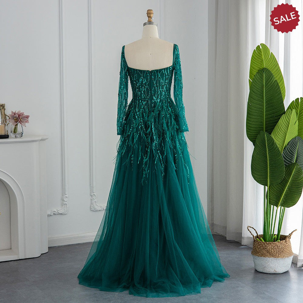 Luxury Dubai Feathers Lilac Evening Dresses for Women Wedding Elegant Emerald Green Arabic Formal Party Gowns SS351