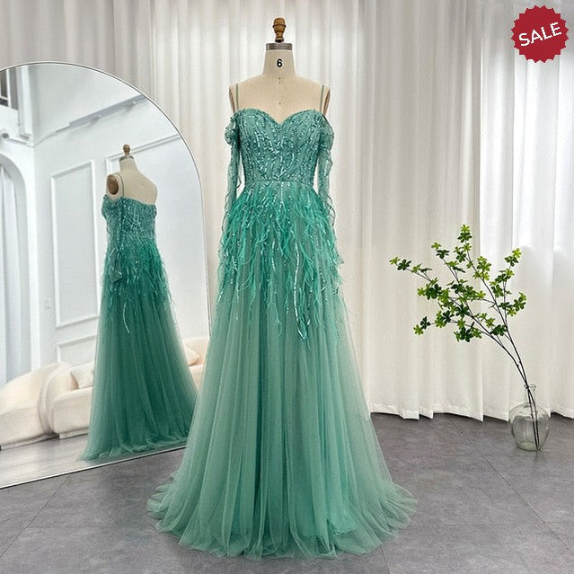 Luxury Dubai Feathers Lilac Evening Dresses for Women Wedding Elegant Emerald Green Arabic Formal Party Gowns SS351