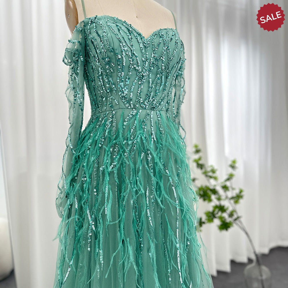 Luxury Dubai Feathers Lilac Evening Dresses for Women Wedding Elegant Emerald Green Arabic Formal Party Gowns SS351
