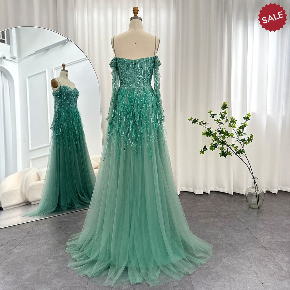 Luxury Dubai Feathers Lilac Evening Dresses for Women Wedding Elegant Emerald Green Arabic Formal Party Gowns SS351