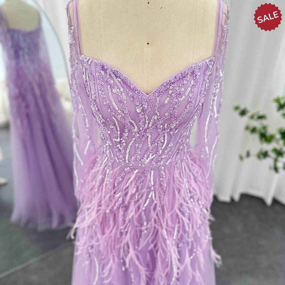 Luxury Dubai Feathers Lilac Evening Dresses for Women Wedding Elegant Emerald Green Arabic Formal Party Gowns SS351