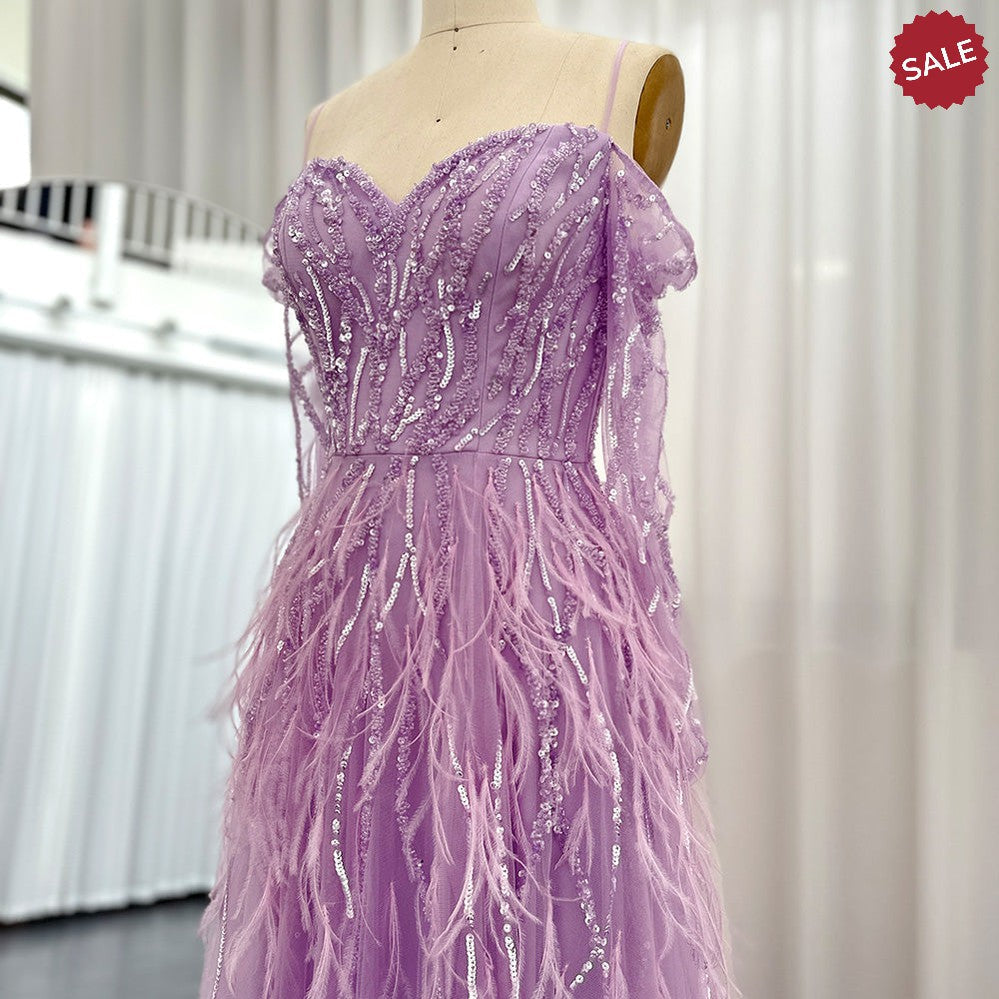 Luxury Dubai Feathers Lilac Evening Dresses for Women Wedding Elegant Emerald Green Arabic Formal Party Gowns SS351