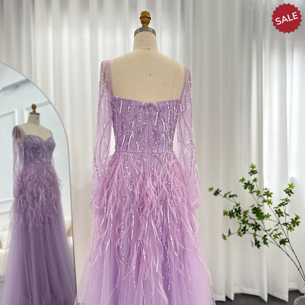 Luxury Dubai Feathers Lilac Evening Dresses for Women Wedding Elegant Emerald Green Arabic Formal Party Gowns SS351