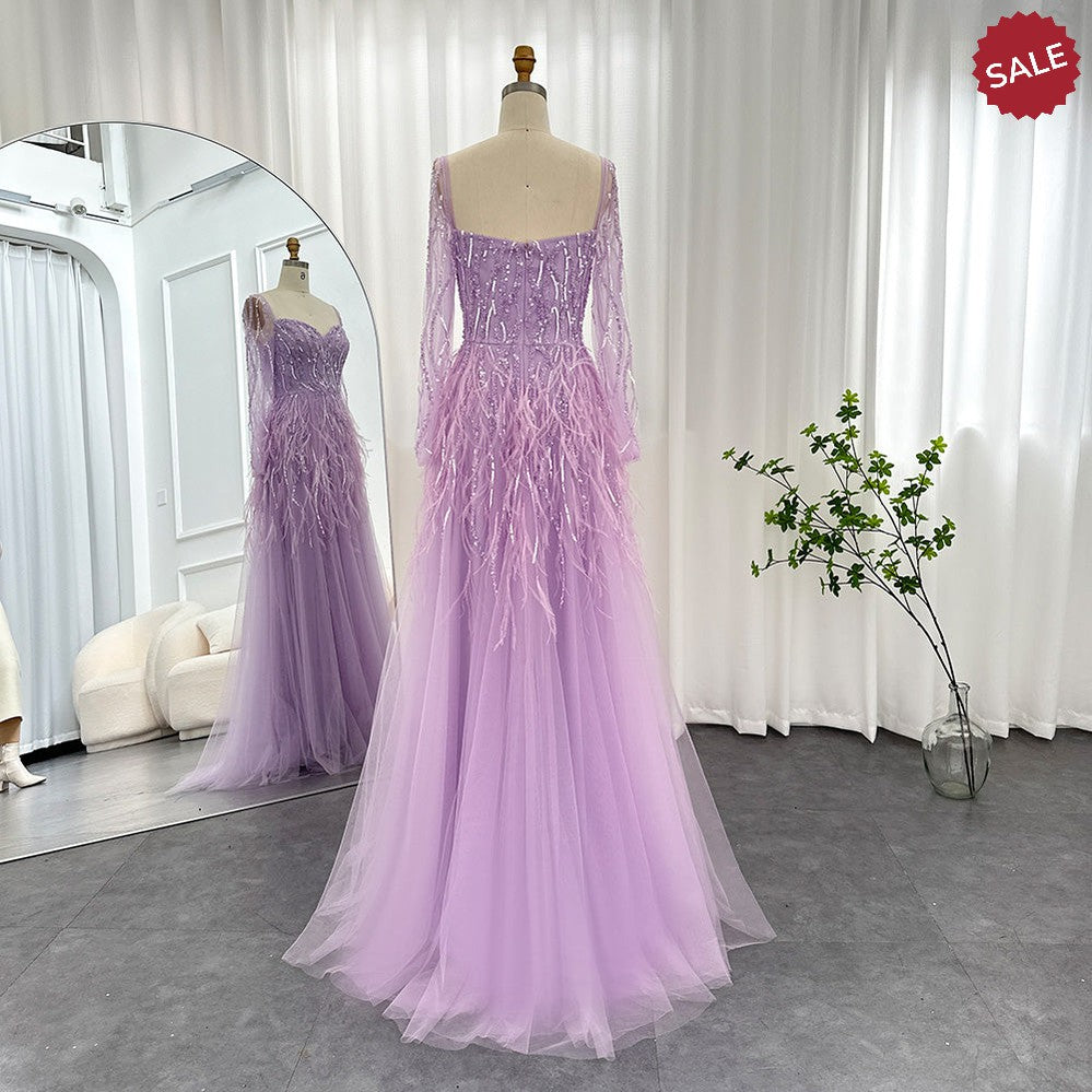 Luxury Dubai Feathers Lilac Evening Dresses for Women Wedding Elegant Emerald Green Arabic Formal Party Gowns SS351