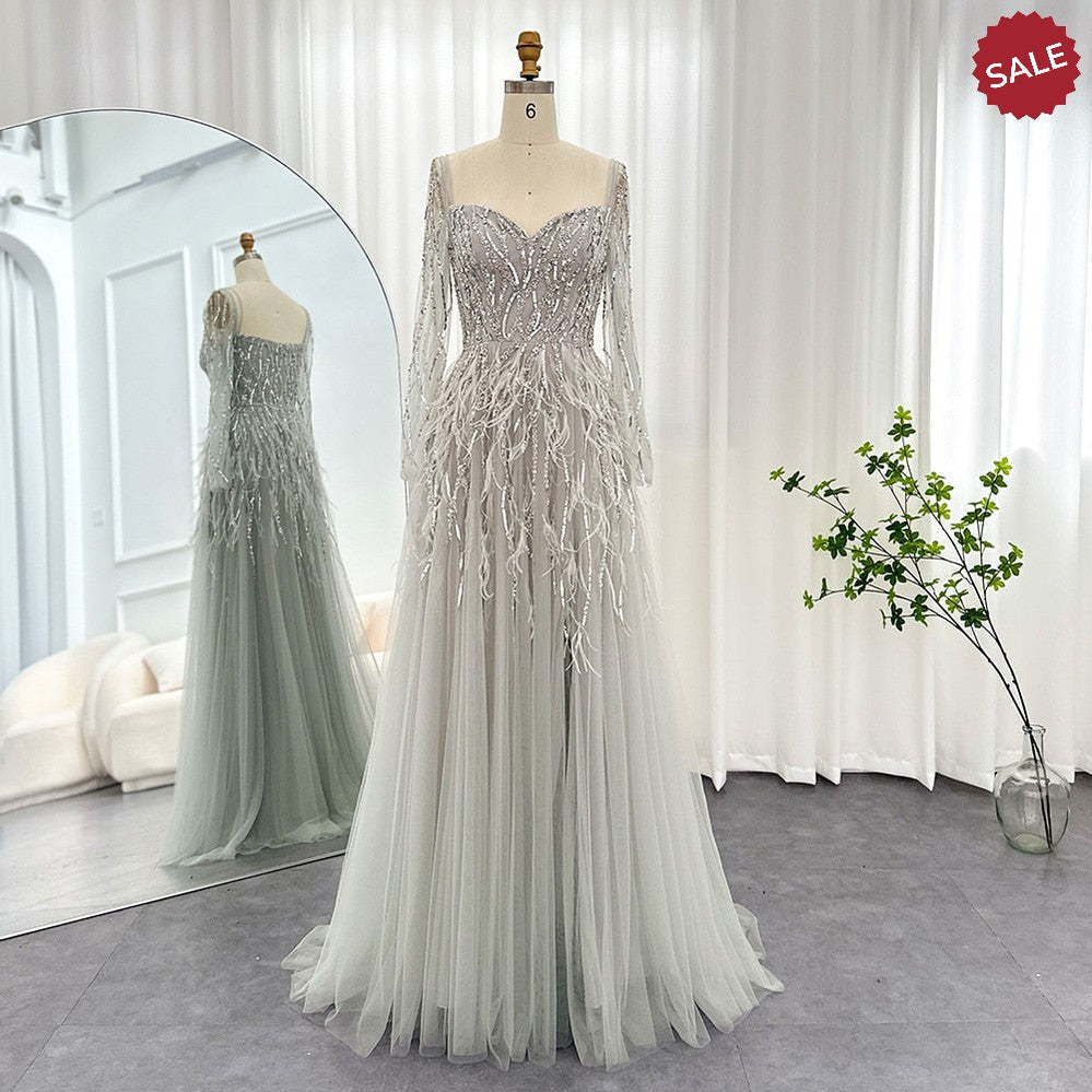 Luxury Dubai Feathers Lilac Evening Dresses for Women Wedding Elegant Emerald Green Arabic Formal Party Gowns SS351