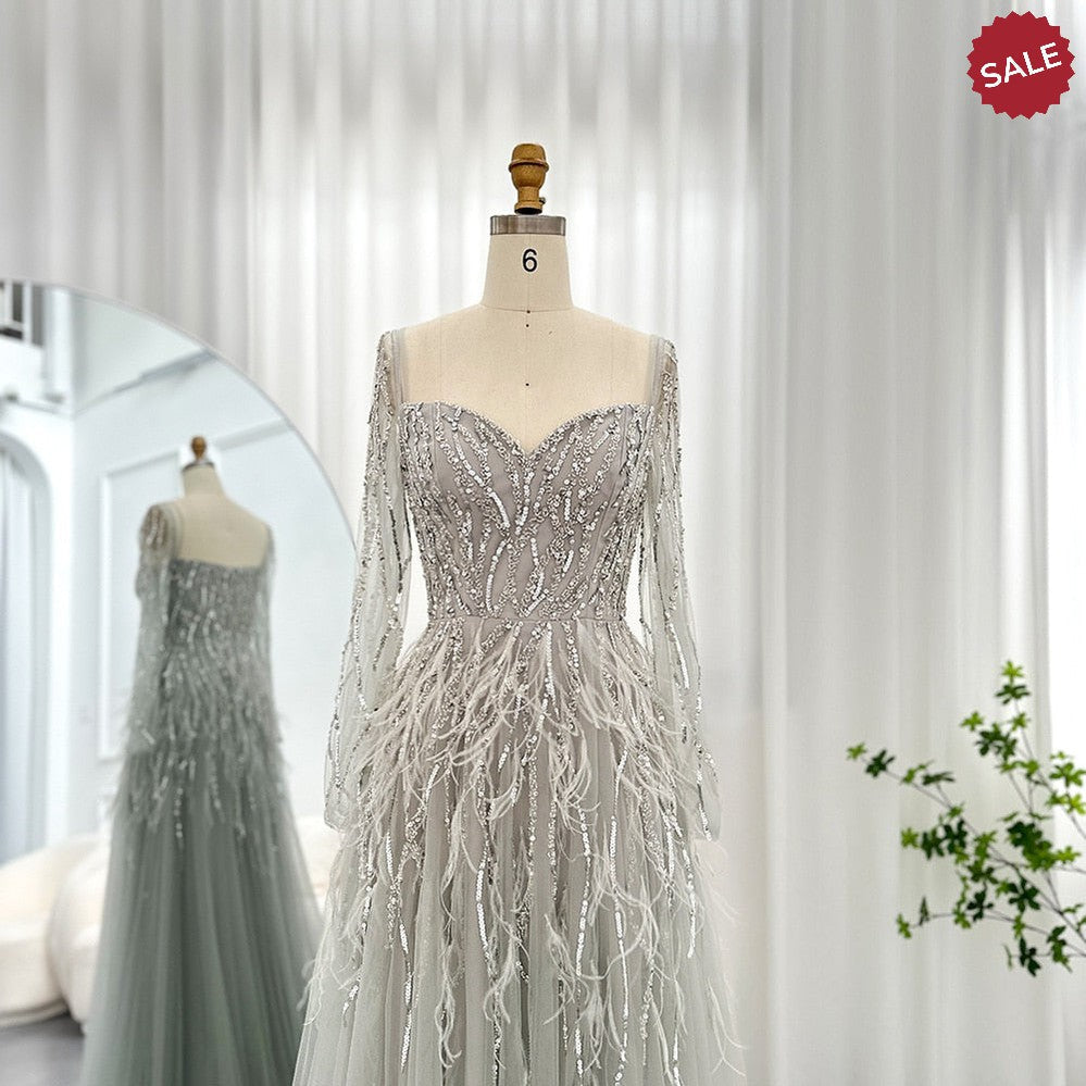 Luxury Dubai Feathers Lilac Evening Dresses for Women Wedding Elegant Emerald Green Arabic Formal Party Gowns SS351