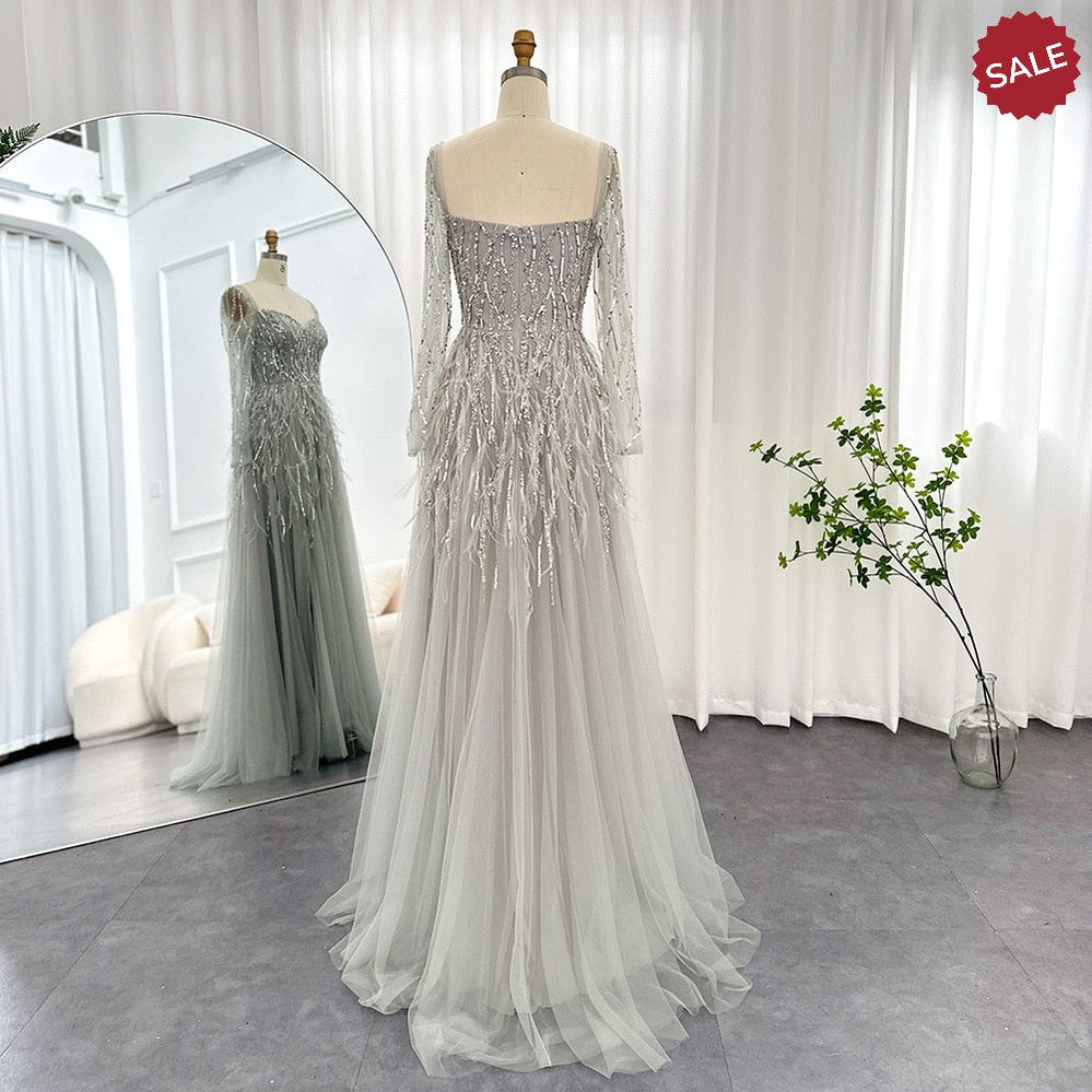 Luxury Dubai Feathers Lilac Evening Dresses for Women Wedding Elegant Emerald Green Arabic Formal Party Gowns SS351