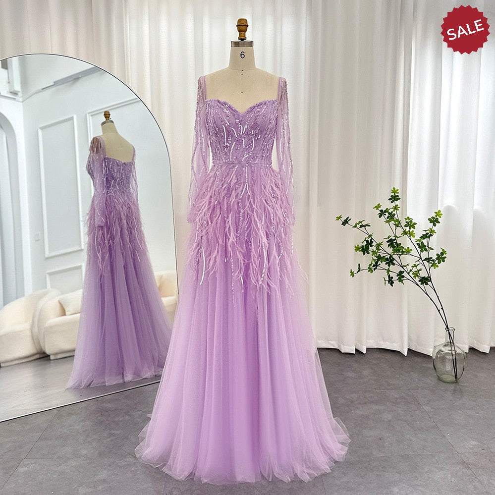 Luxury Dubai Feathers Lilac Evening Dresses for Women Wedding Elegant Emerald Green Arabic Formal Party Gowns SS351